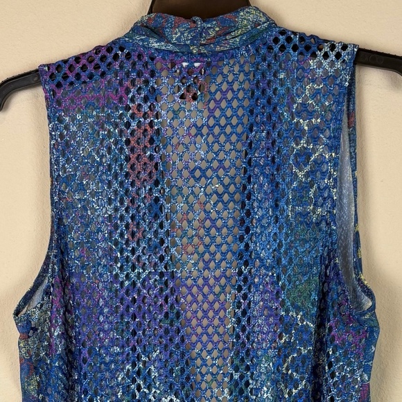 Multiples Blue w/ Multicolored Accents Mesh-Like Open Front Asymmetrical Vest - Picture 7 of 10
